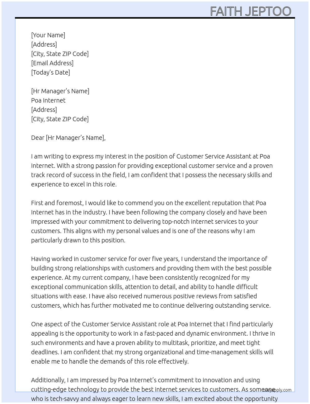 Customer service assistant  At Poa internet Cover Letter