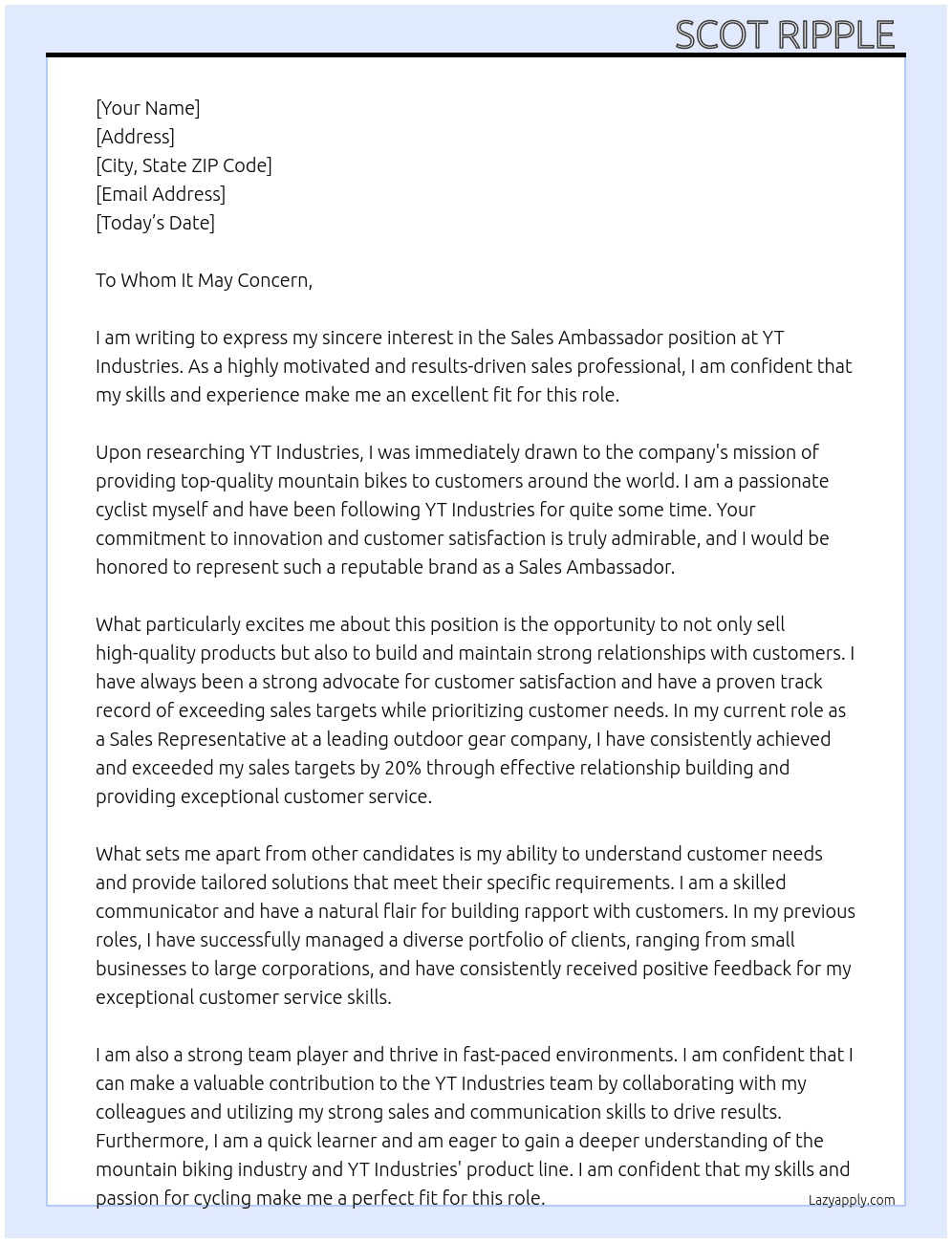 Sales Ambassador  At YT Industries  Cover Letter