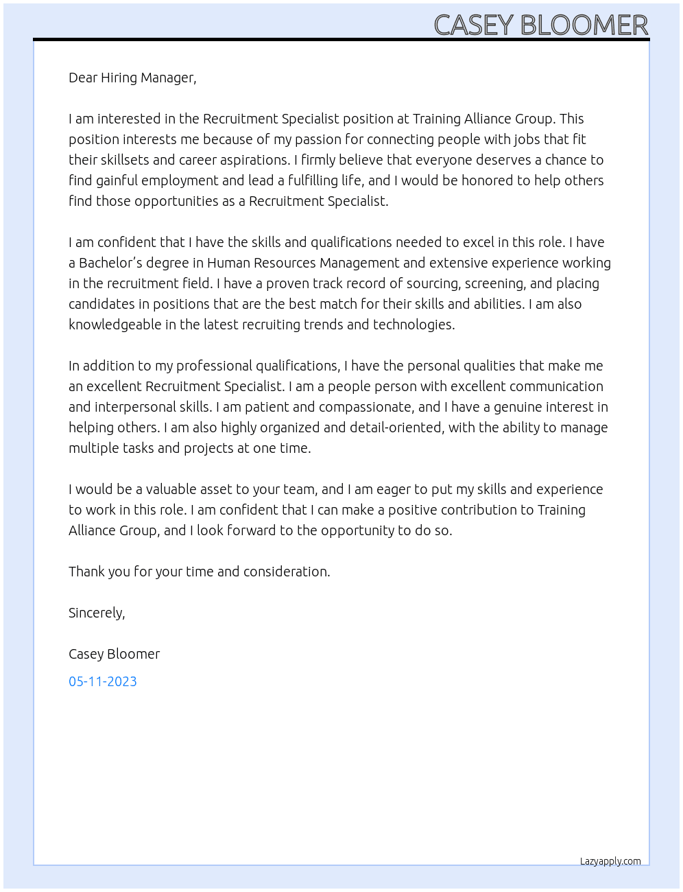 Recruitment specialist At Training Alliance Group Cover Letter