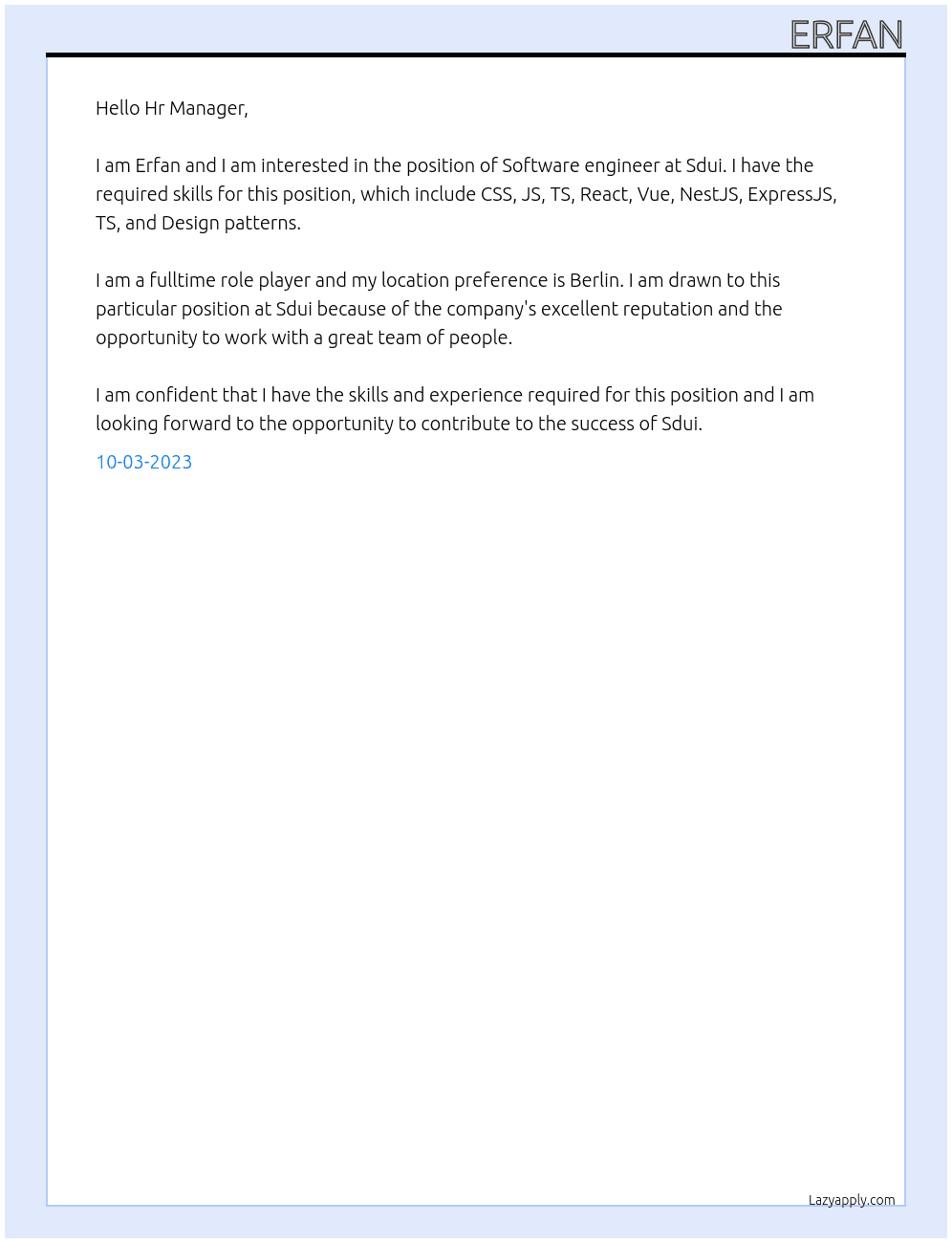Software engineer  At Sdui Cover Letter