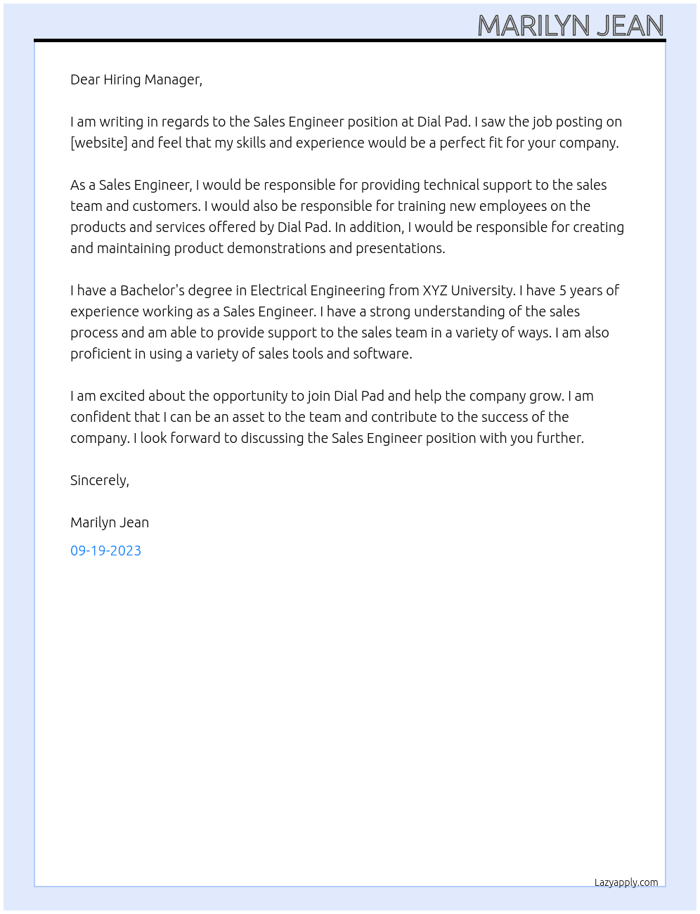 Sales engineer At Dial Pad Cover Letter
