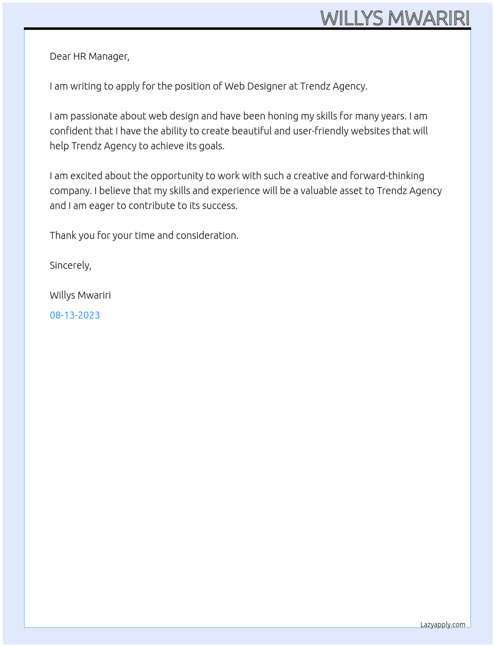 Web Designer At Trendz Agency Cover Letter