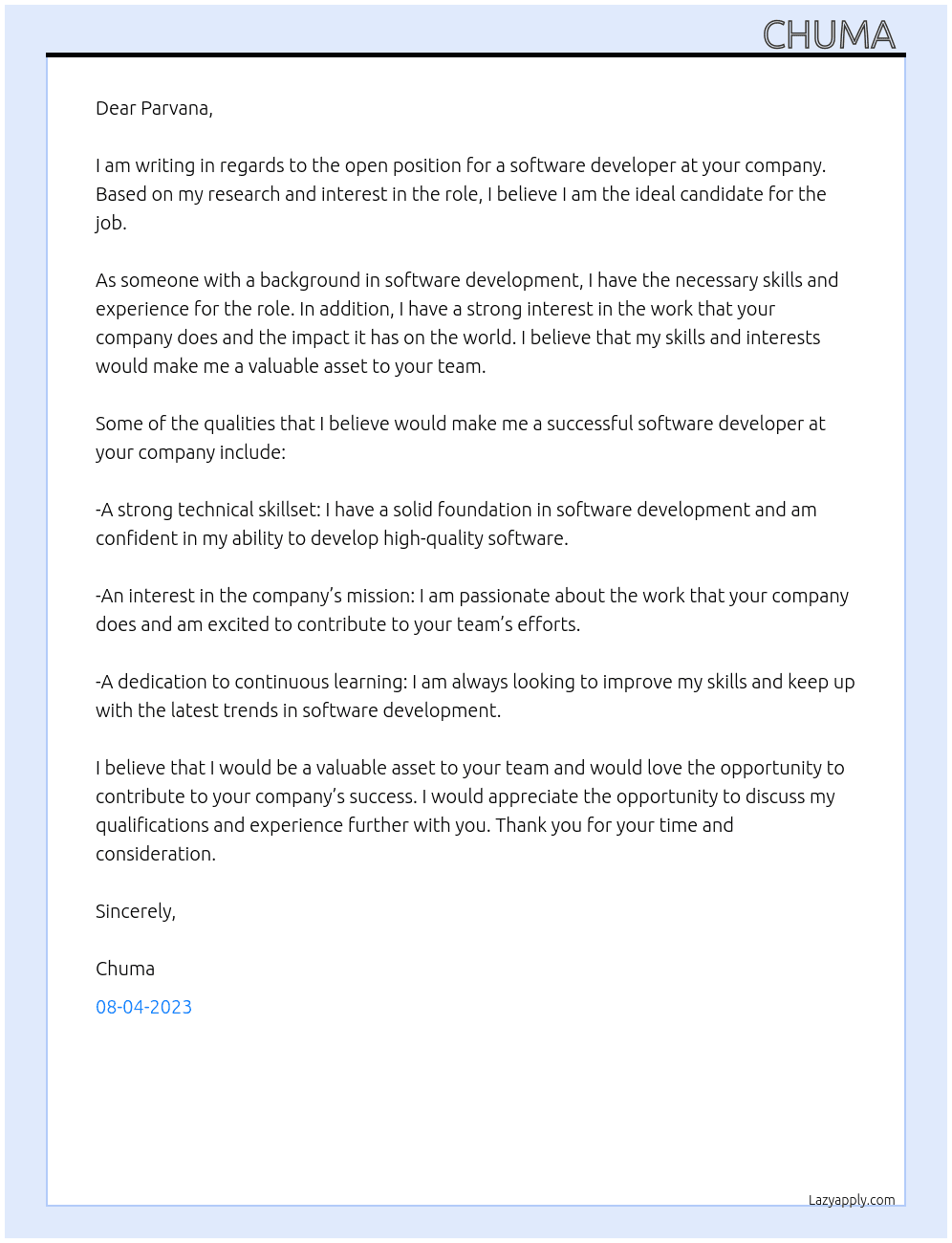 Software Developer At Parvana Cover Letter