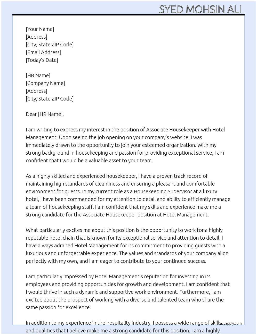 ASSICIATE HOUSE KEEPER At HOTEL MANAGEMENT Cover Letter
