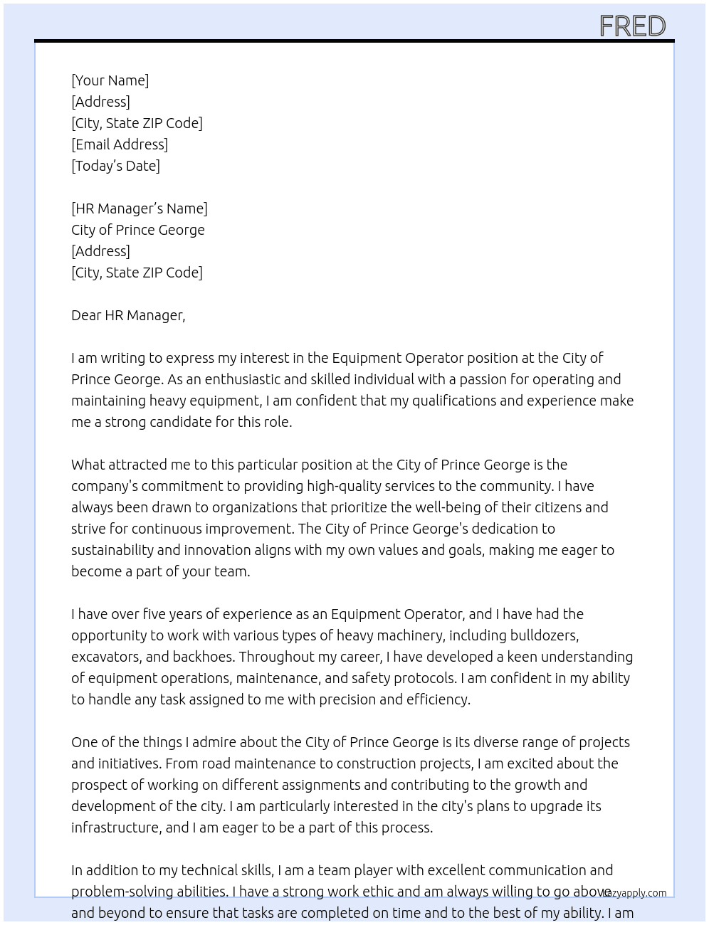 Equipment Operator  At City of Prince George  Cover Letter