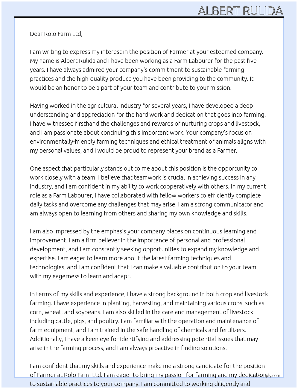 FARMER At FARM LABOURER Cover Letter