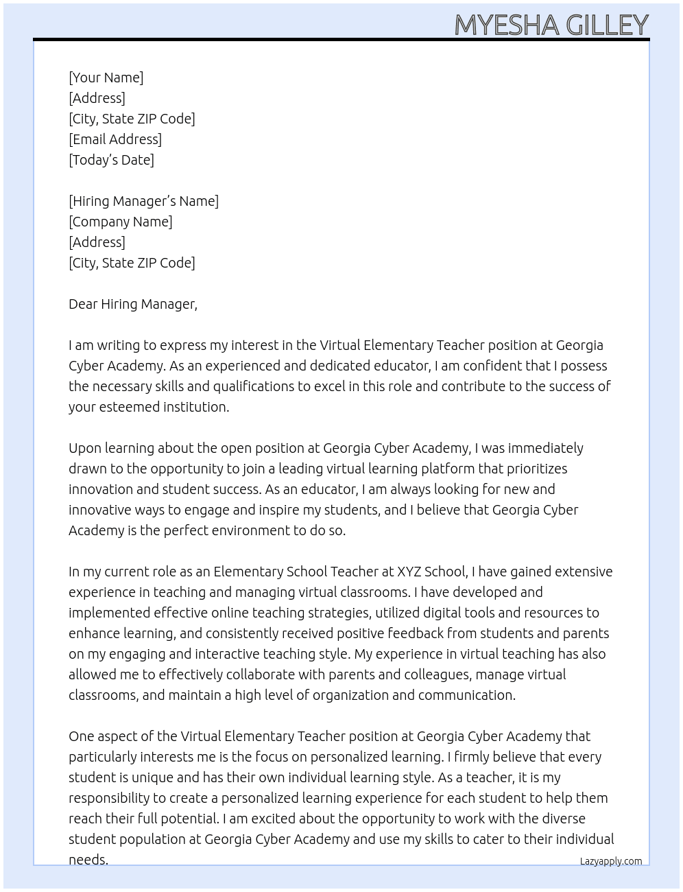 Virtual Elementary Teacher At Georgia Cyber Academy Cover Letter