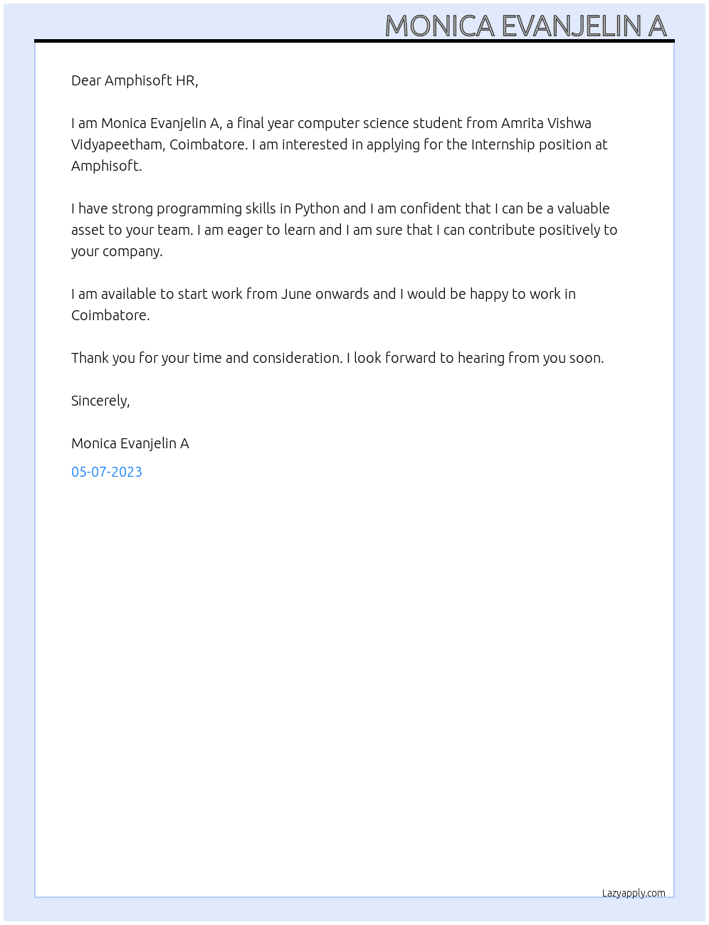 Internship  At Amphisoft  Cover Letter