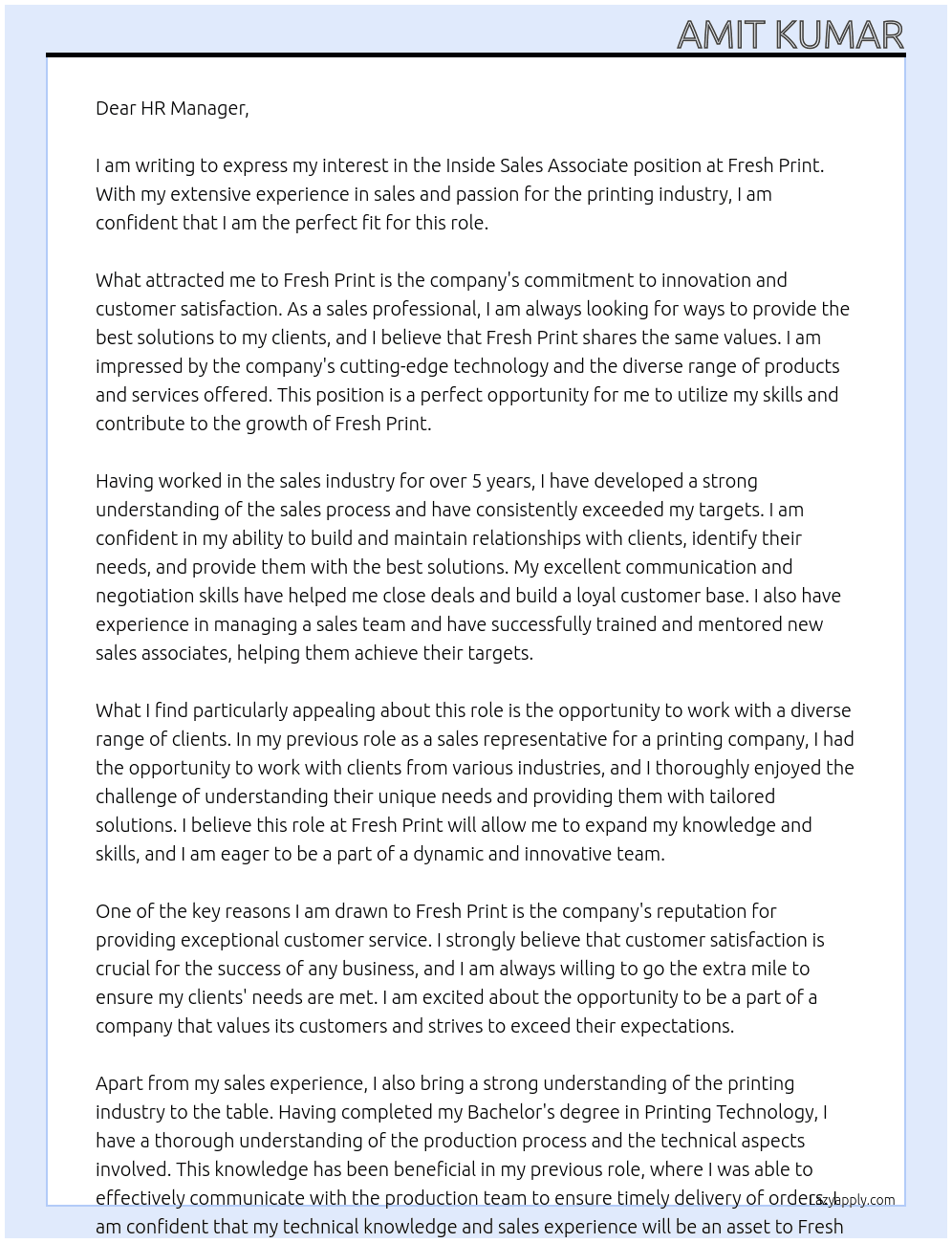Inside sales associates At Fresh Print Cover Letter