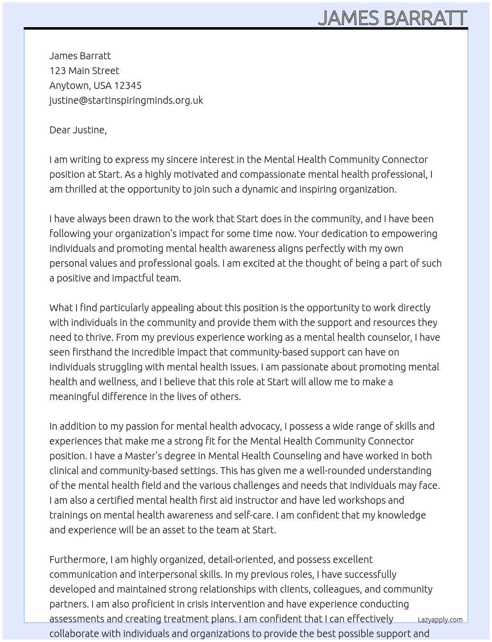 Mental Health Community Connector At Start Cover Letter