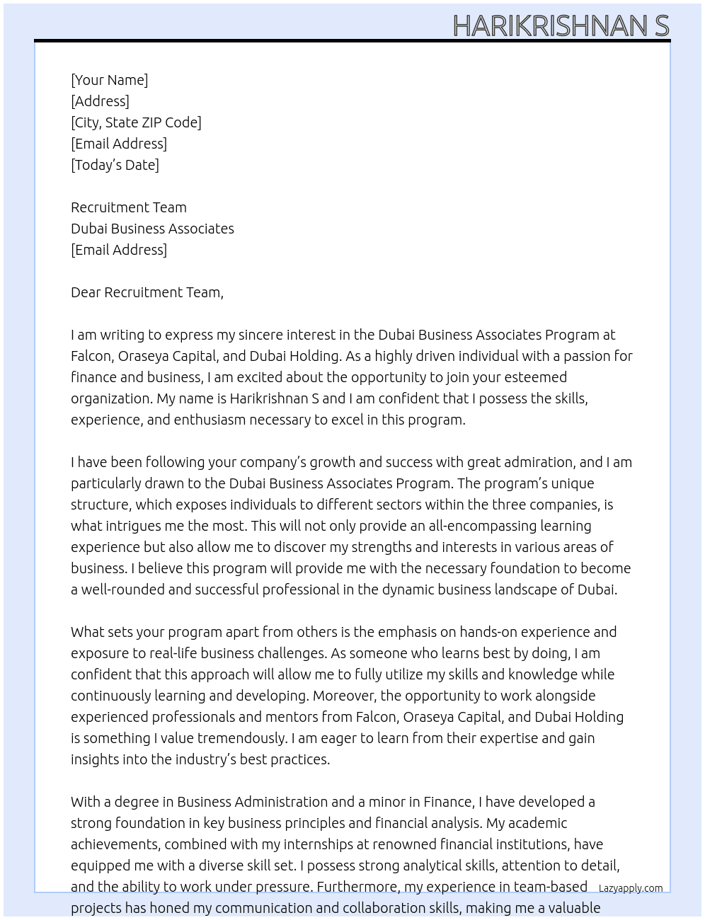 Dubai Business Associates Program At Falcon, Oraseya Capital, Dubai Holding Cover Letter