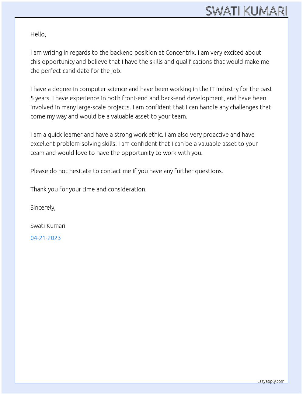 backend At Concentrix Cover Letter