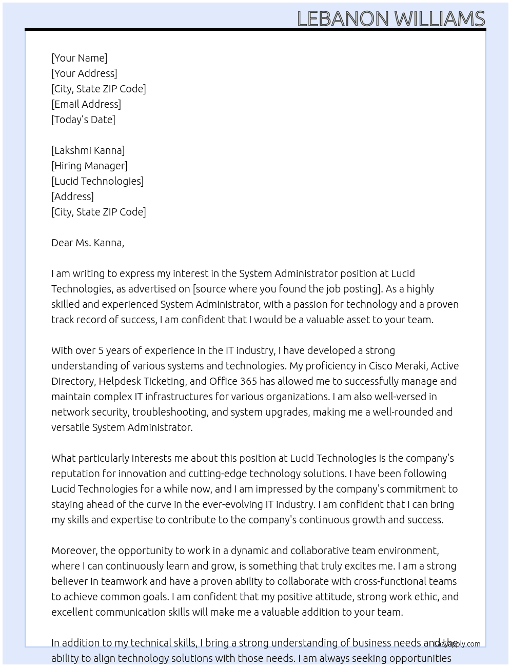System Administrator At Lucid Technologies Cover Letter