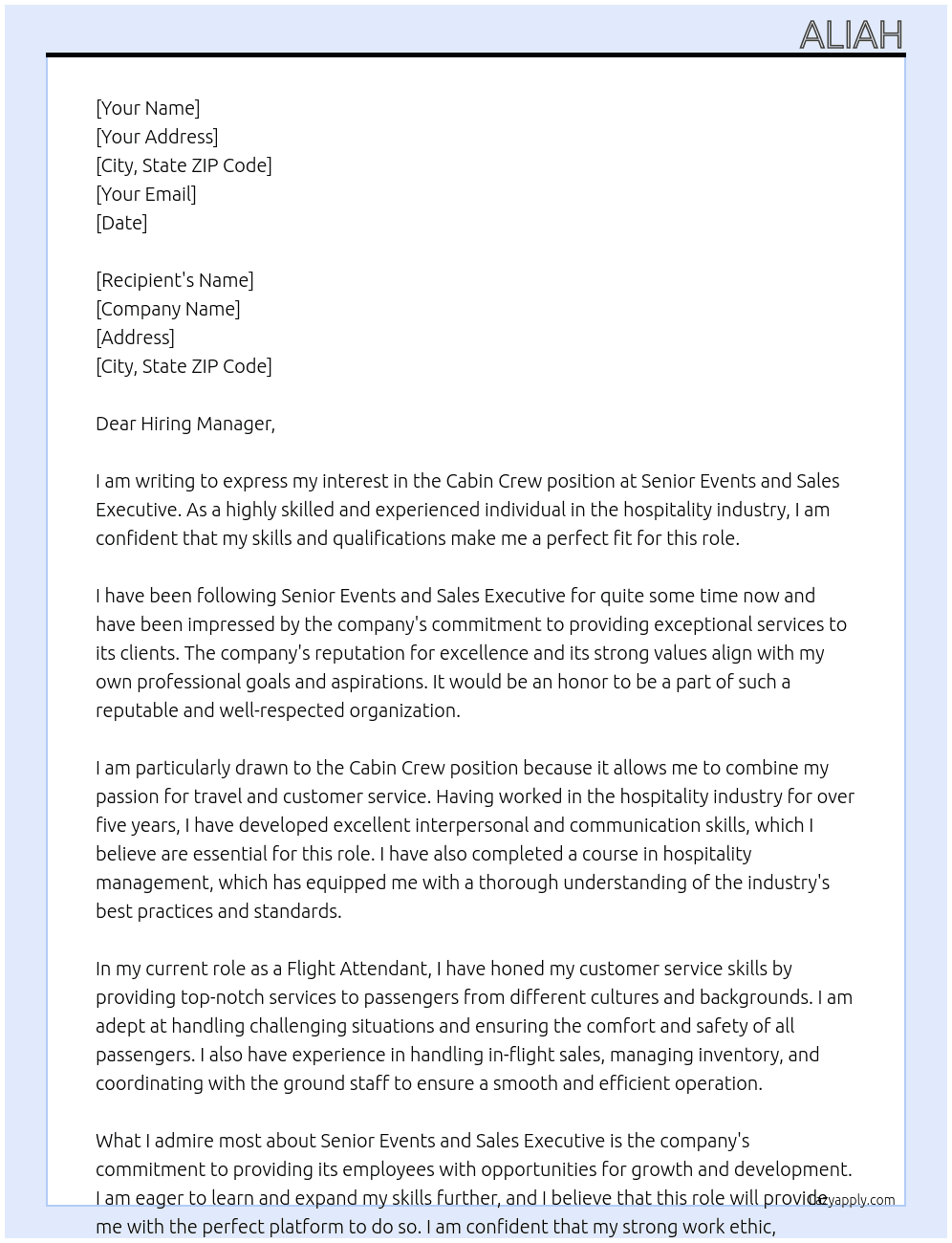 Cabin crew At Senior Events and Sales Executive Cover Letter