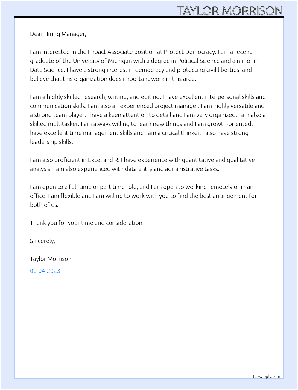 Impact Associate At Protect Democracy Cover Letter