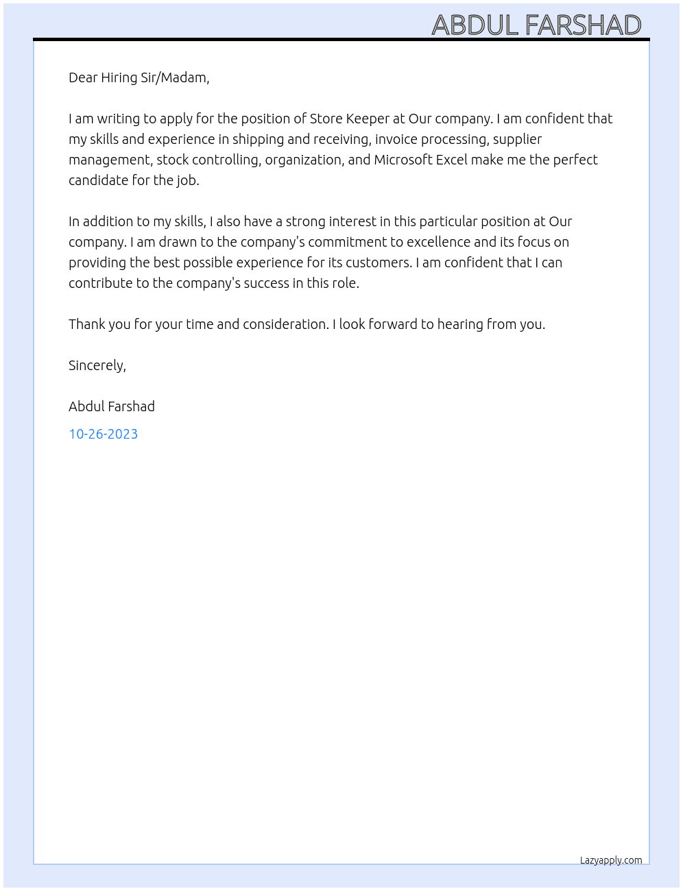 Store keeper At Our company  Cover Letter