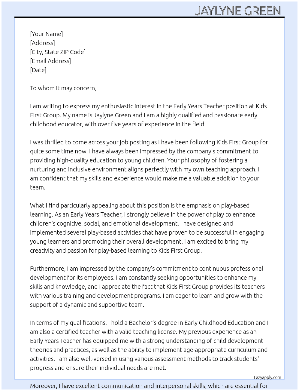 Early Years Teacher  At Kids First Group Cover Letter