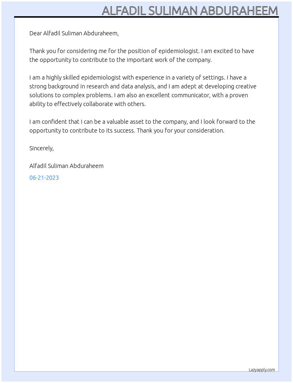 Epidemiologist At None Cover Letter