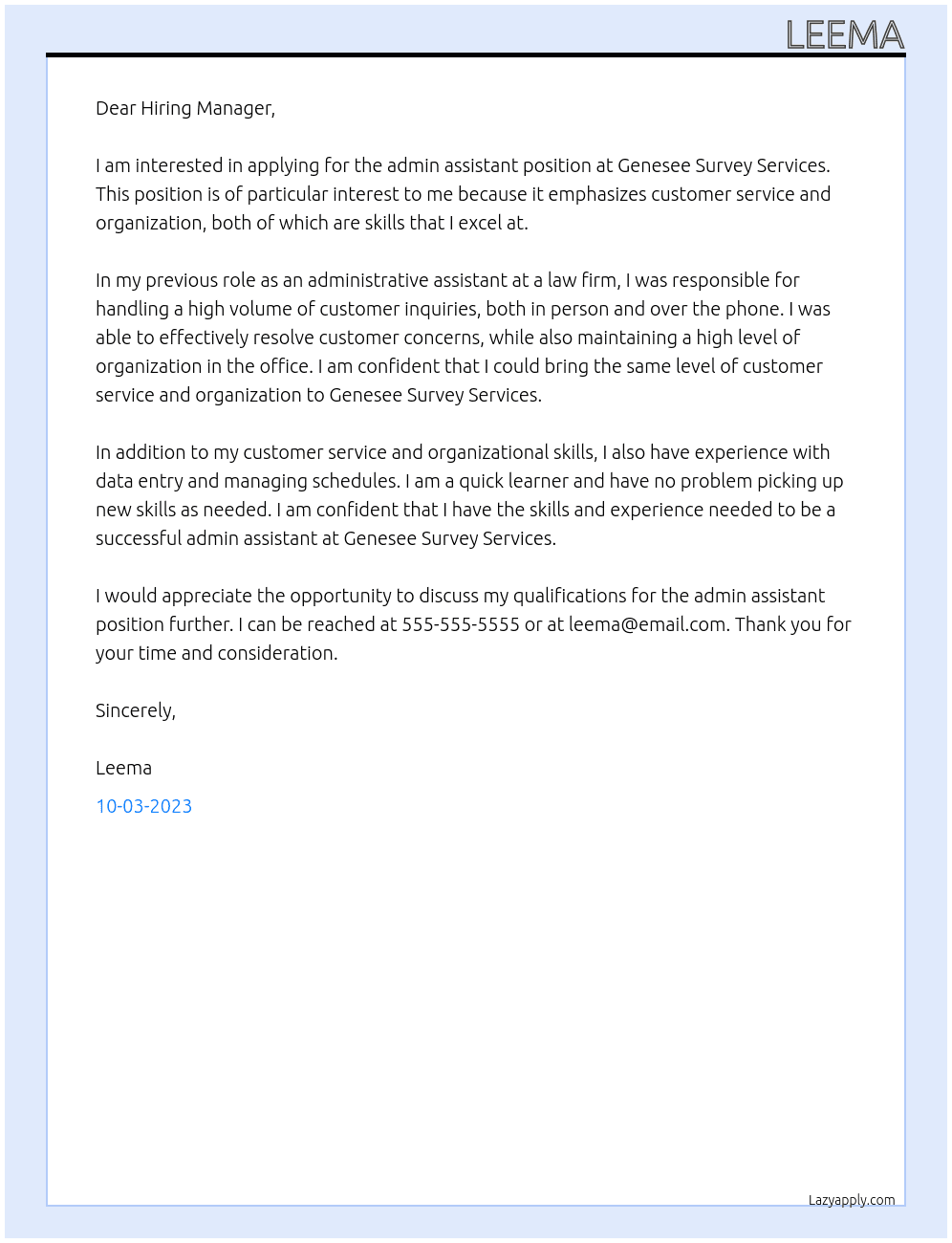 admin assistant At genesee survey services Cover Letter