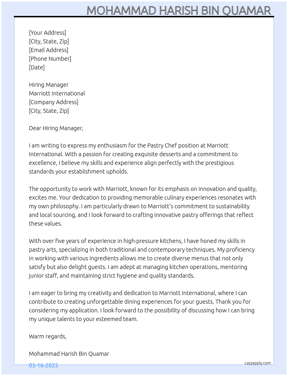 Cover letter for pastry chef - LazyApply