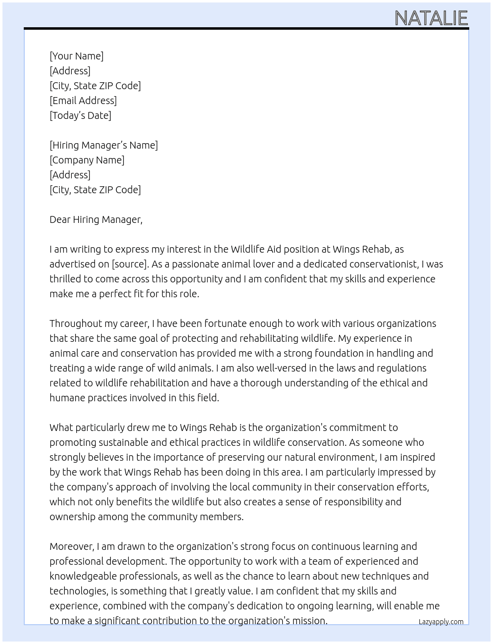 Wildlife Aid At Wings Rehab Cover Letter