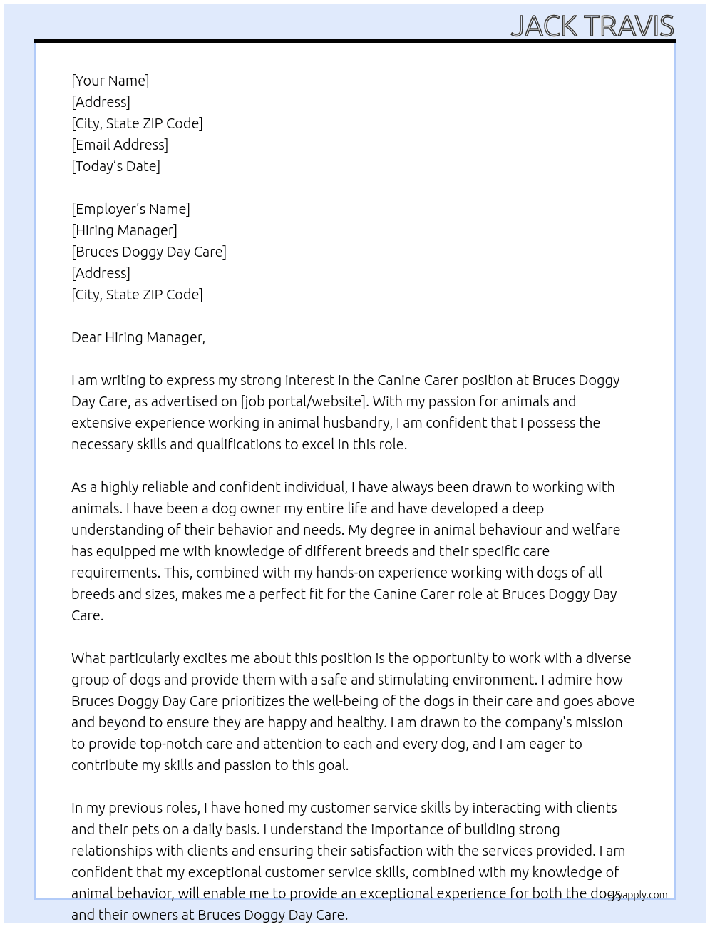 Canine Carer At Bruces Doggy Day Care Cover Letter
