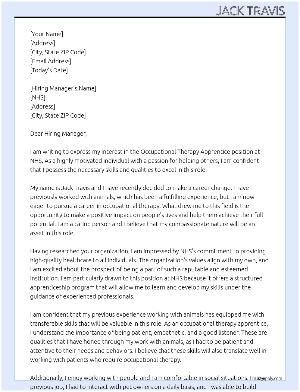 Cover letter for occupational therapy apprentice - LazyApply