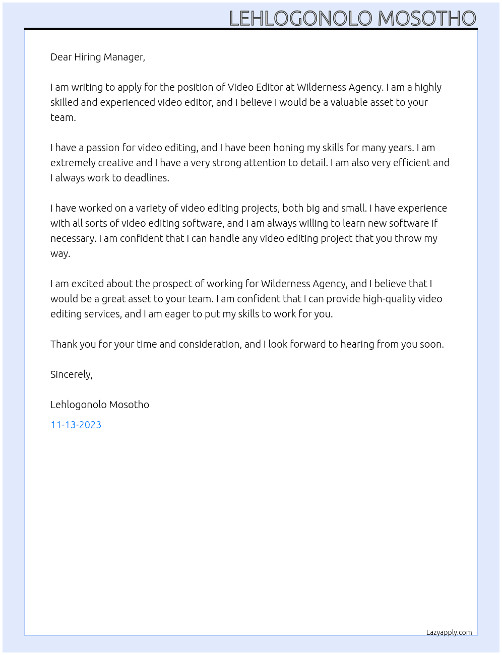 Video Editor At Wilderness Agency Cover Letter