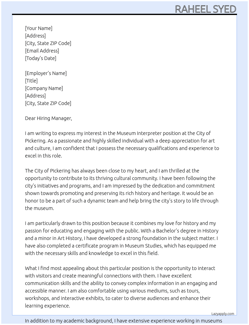 Museum Interpreter At City Of Pickering Cover Letter