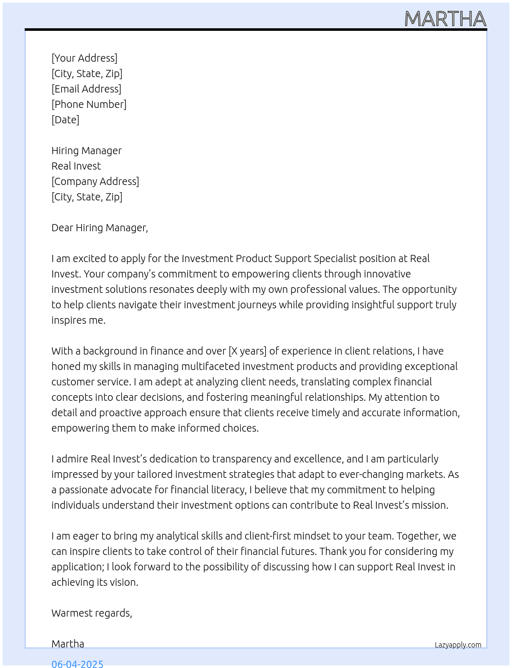 Investment Product Support Specialist At Real Invest Cover Letter
