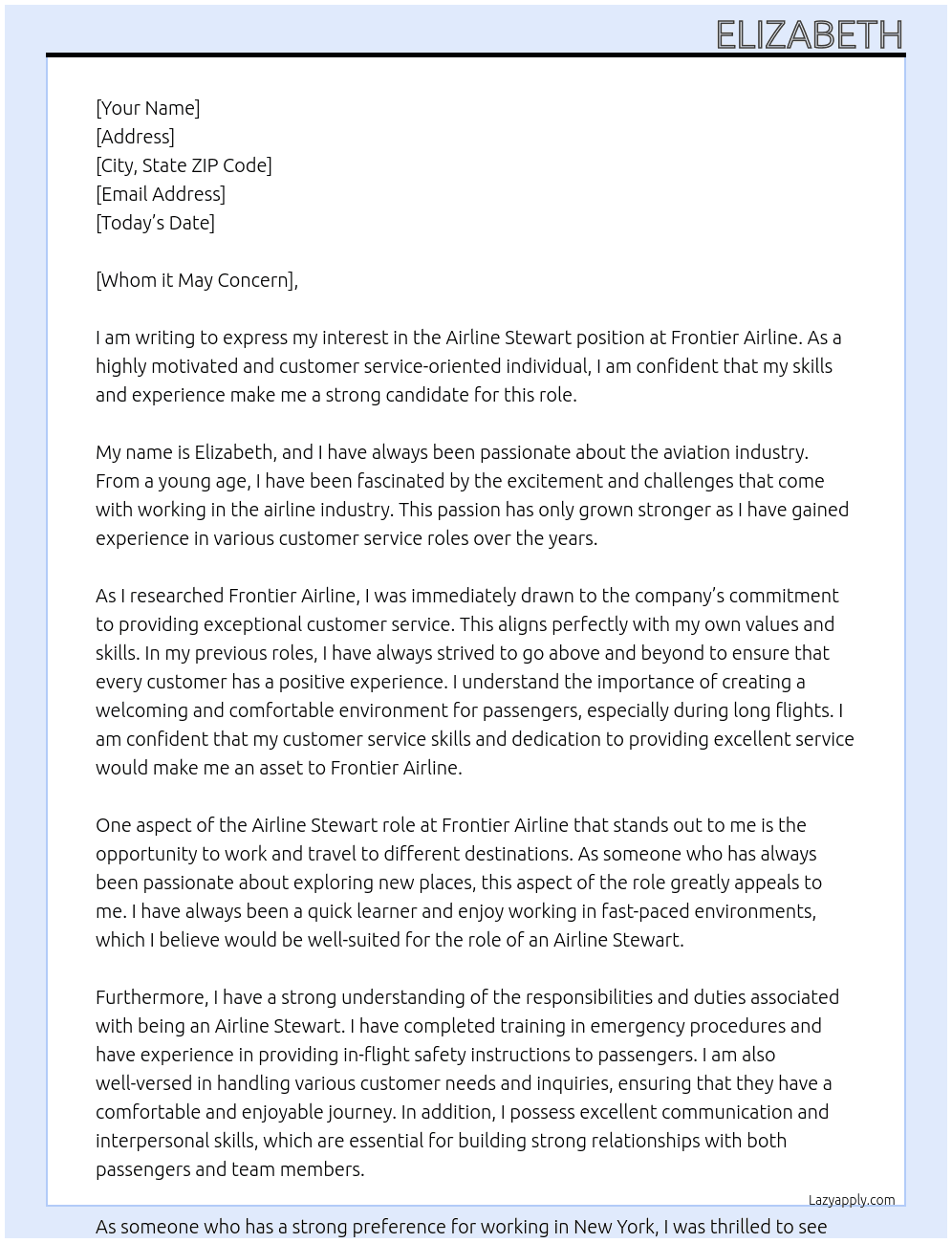 airline stewart At Frontier Airline Cover Letter