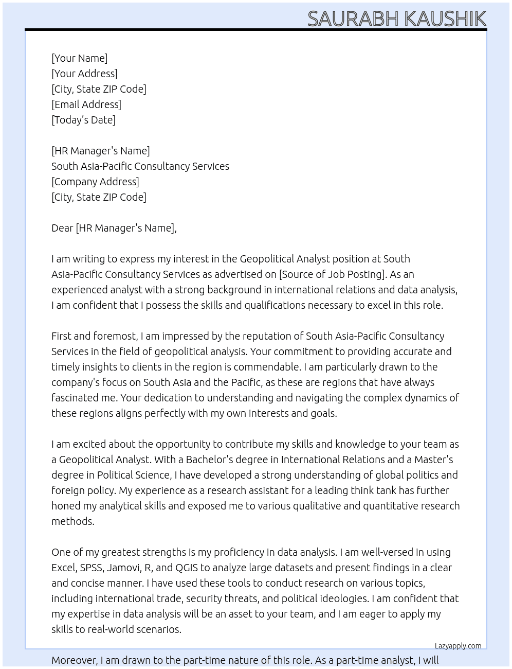 Geopolitical Analyst At South Asia-Pacific Consultancy Services Cover Letter