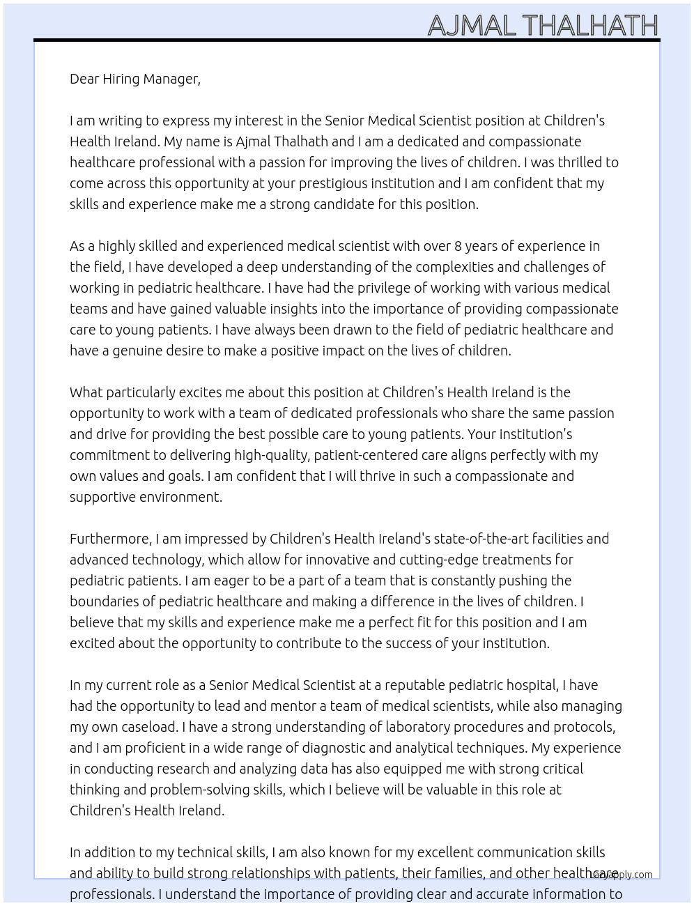 Senior Medical Scientist At Children's Health Ireland Cover Letter