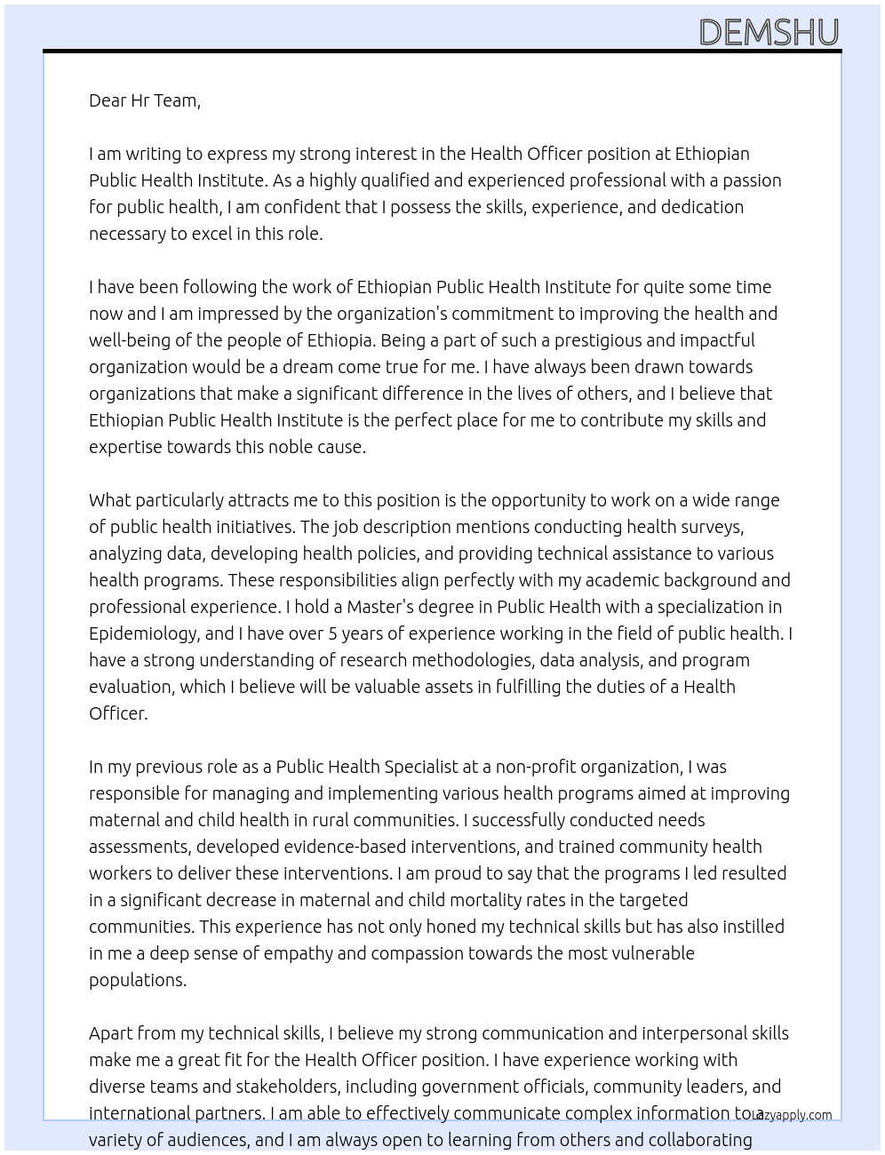 Health Officer At Ethiopian Public Health Institute Cover Letter