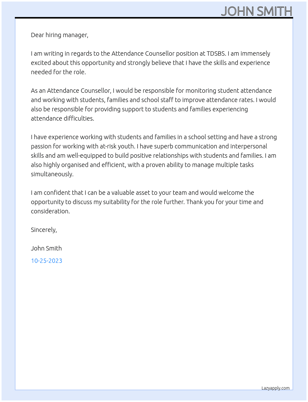 Attendance Counsellor At TDSBS Cover Letter
