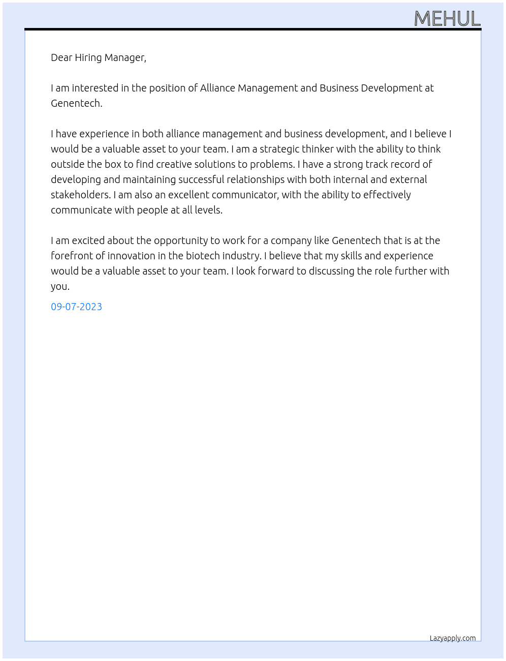 Alliance management and buisness development At Genentech Cover Letter