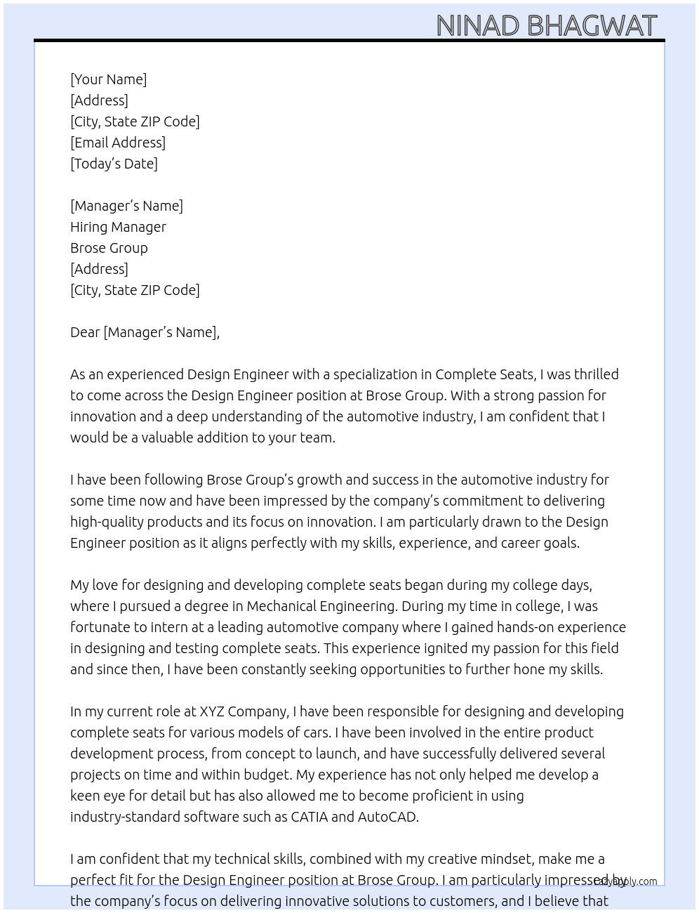 Design Engineer - Complete Seats At Brose Group Cover Letter