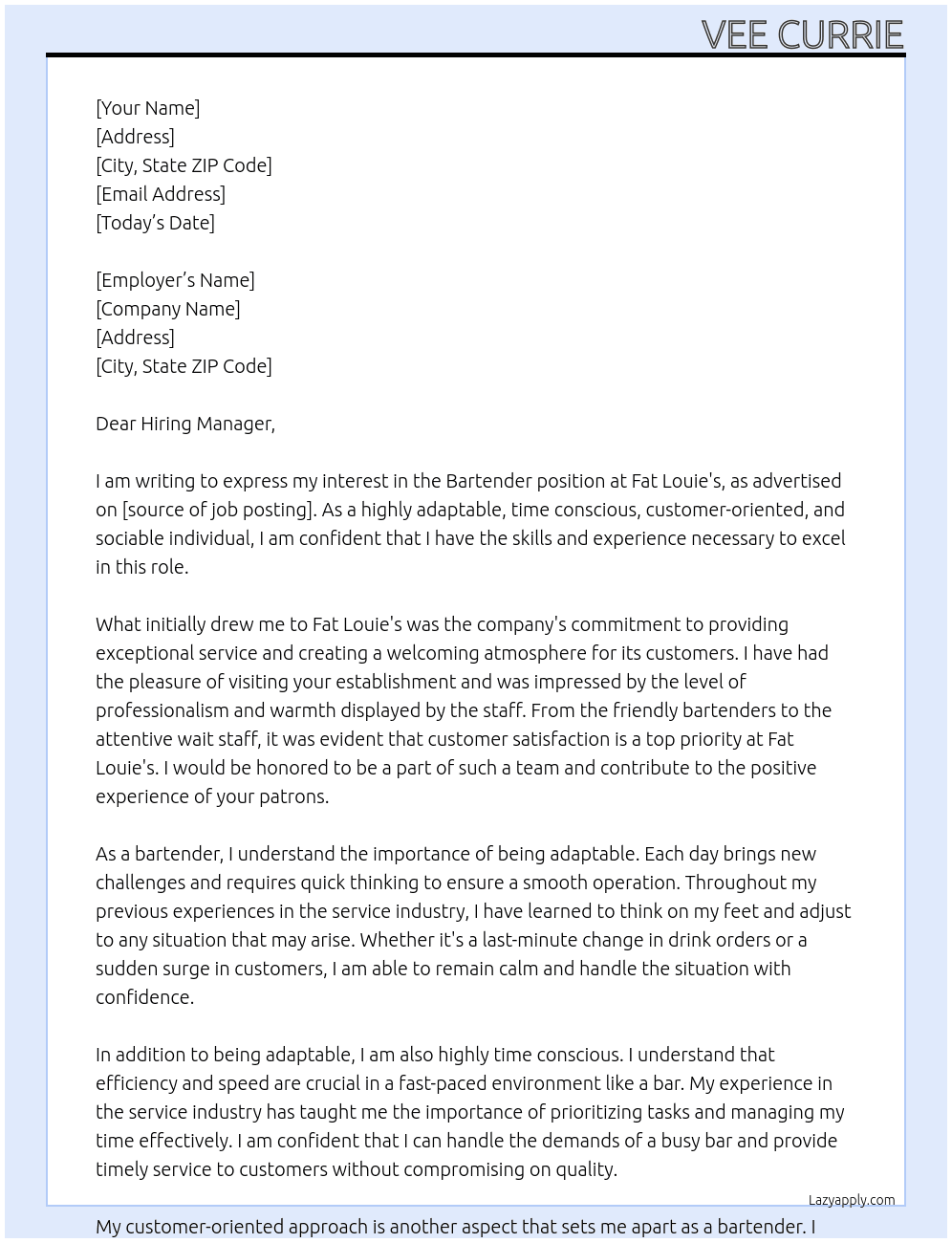 Bartender At Fat Louie's Cover Letter
