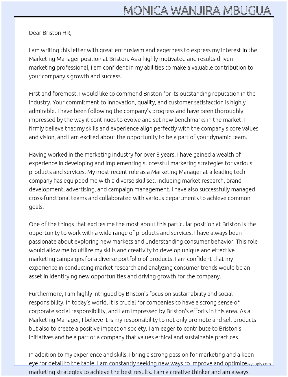 Marketing manager  At Briston  Cover Letter