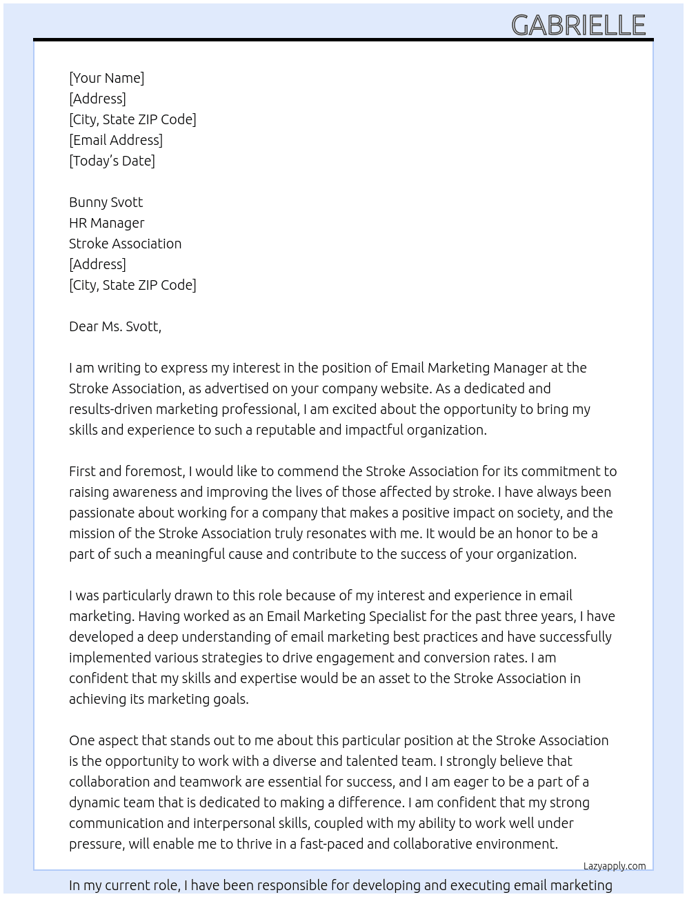 email marketing manager At Stroke Association  Cover Letter