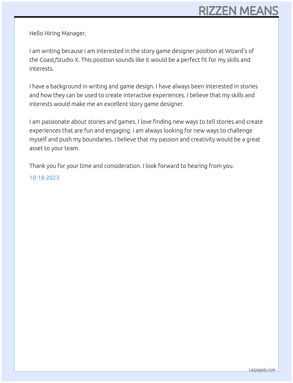 Story Game Designer At Wizard's of the Coast/Studio X Cover Letter