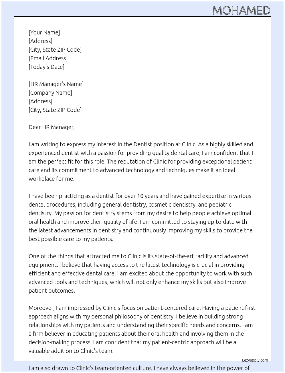 Dentist At Clinic Cover Letter
