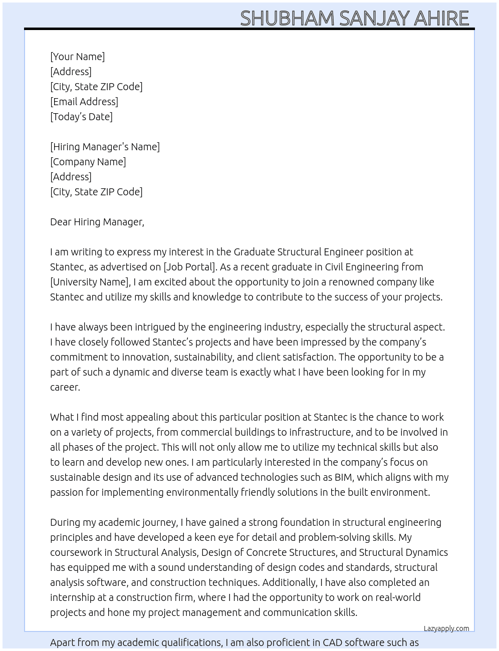 Graduate Structural Engineer At Stantec  Cover Letter