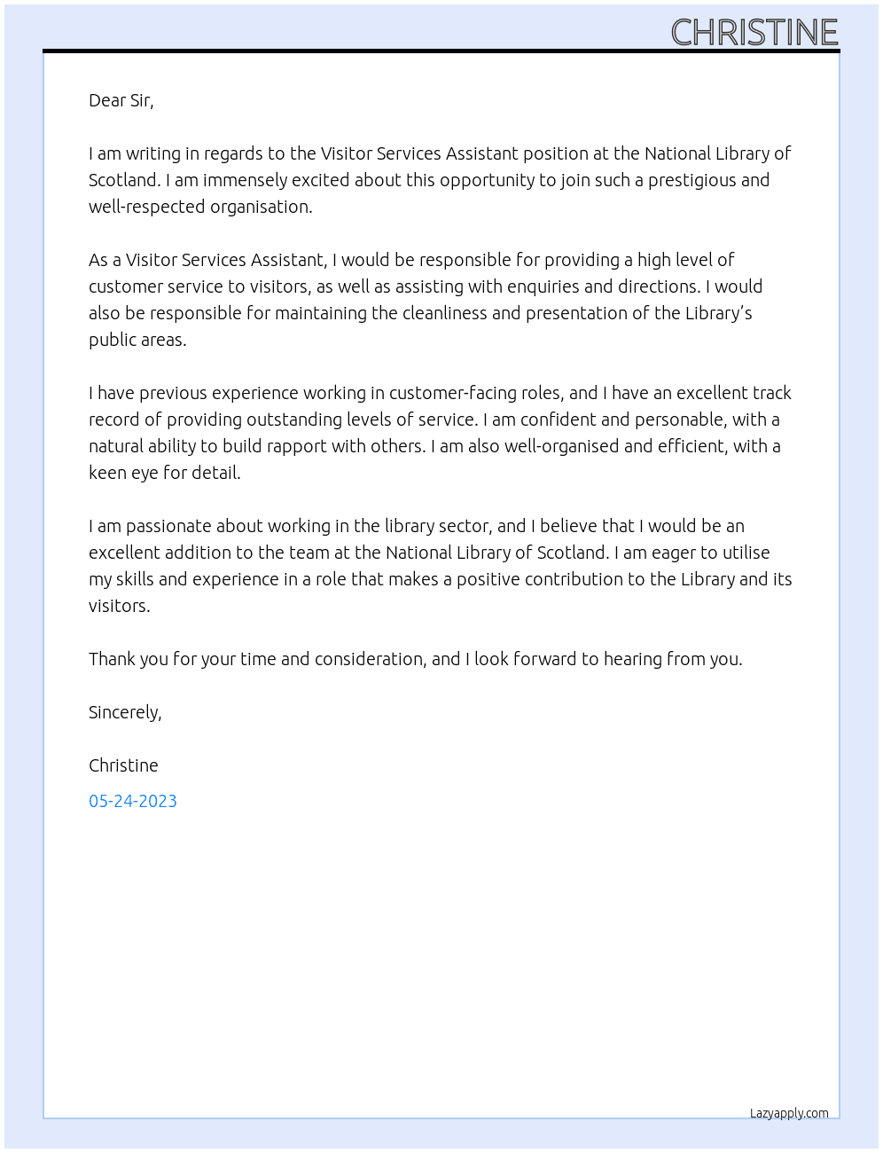 visitor srvices assistant At National Library of Scotland Cover Letter