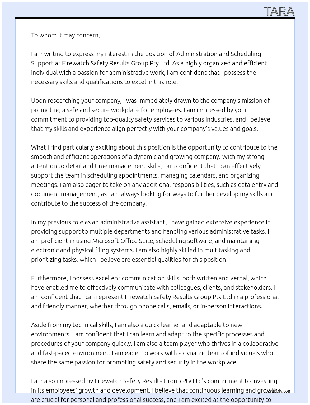 Administration and Scheduling Support At Firewatch Safety Results Group Pty Ltd Cover Letter