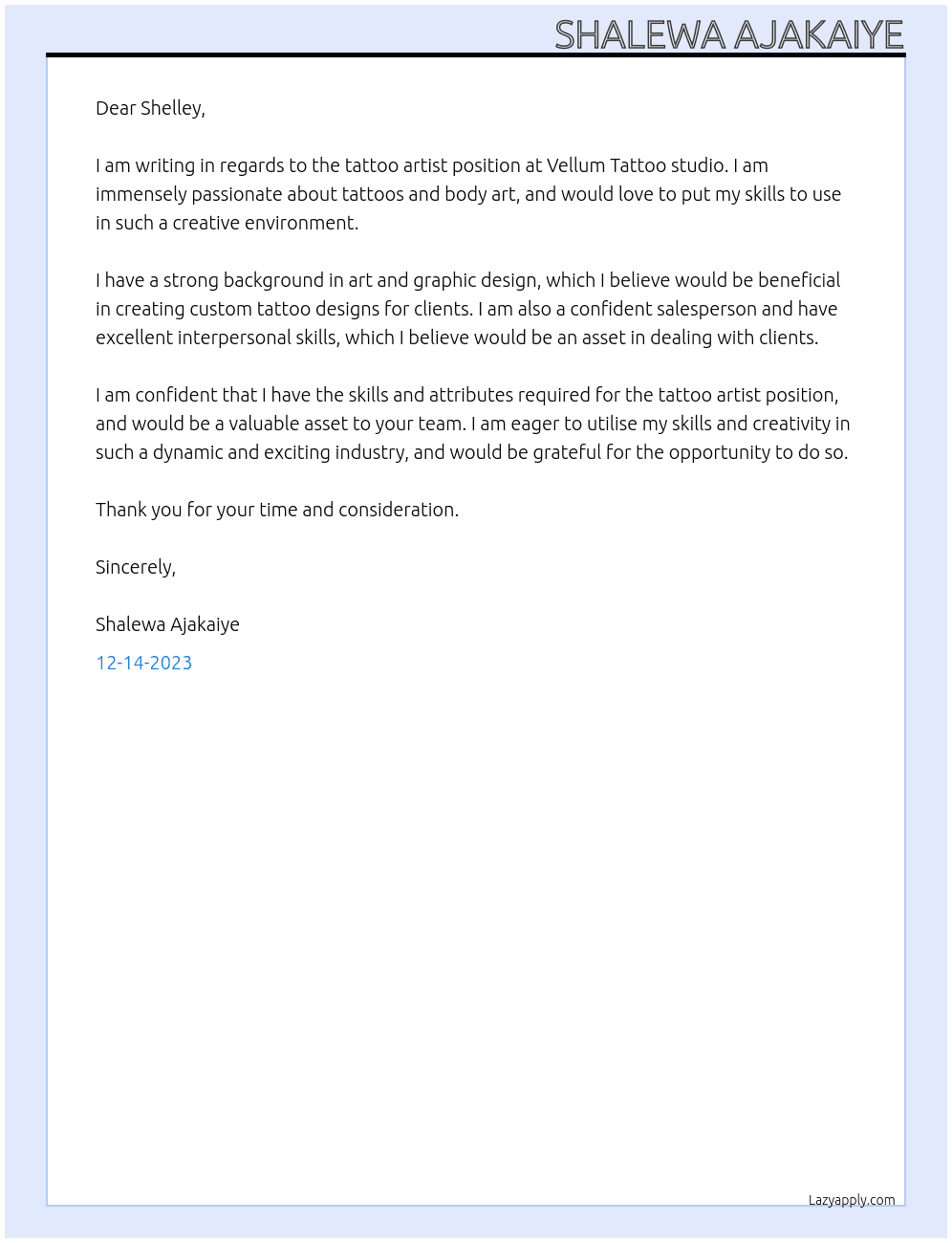 Tattoo Artist At Vellum Tattoo studio Cover Letter