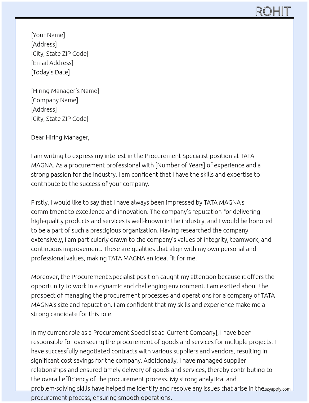 Procurement Specialist  At TATA MAGNA  Cover Letter