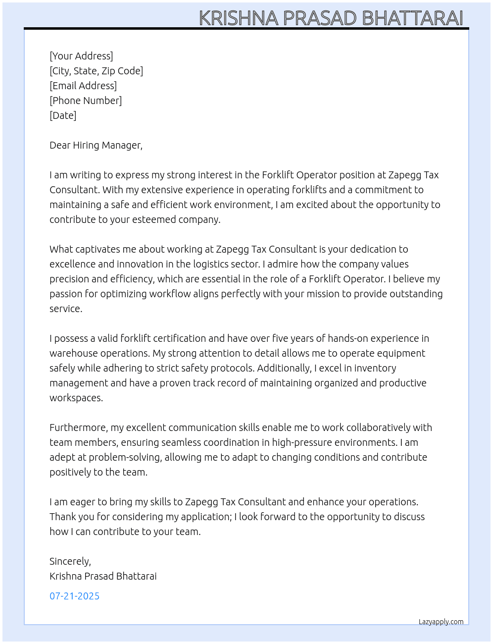 Forklift operator  At Zapegg Tax Consultant Cover Letter