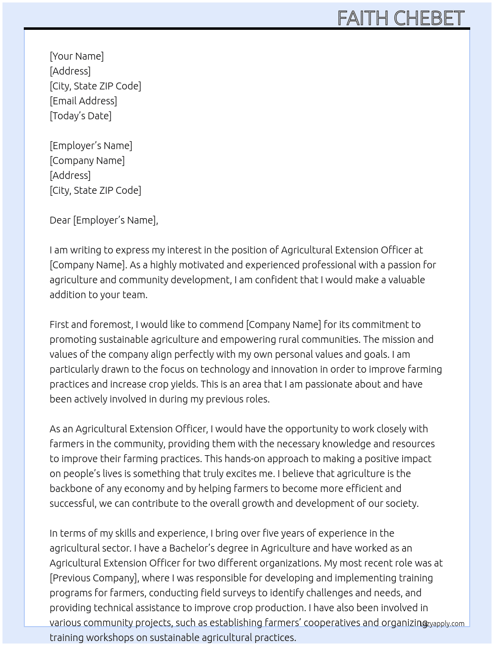 Agricultural extension officer  At Not specific  Cover Letter