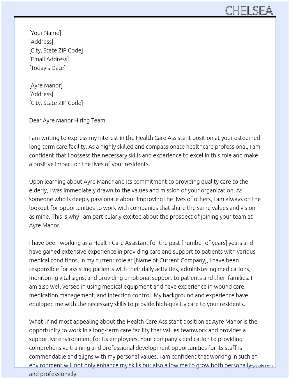 Health Care assistant  At Long term care facility  Cover Letter